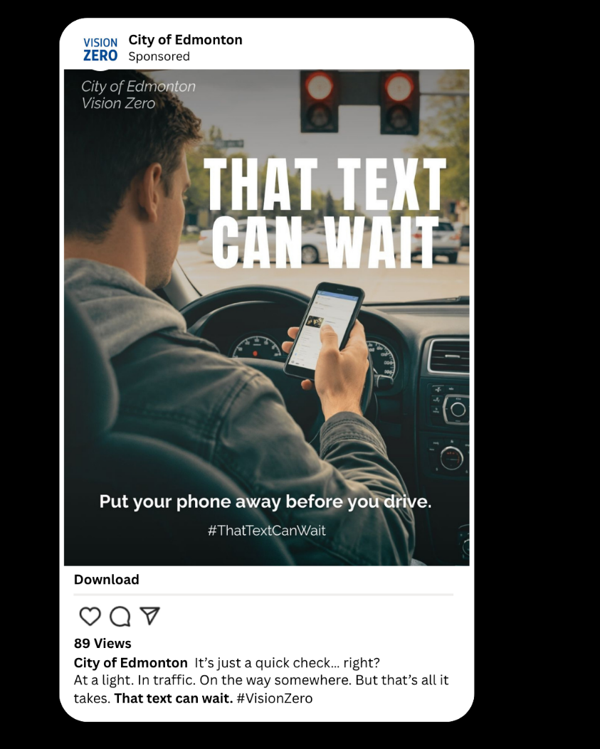Academic social ad mockup with the message That text can wait and a prompt to put a phone away before driving
